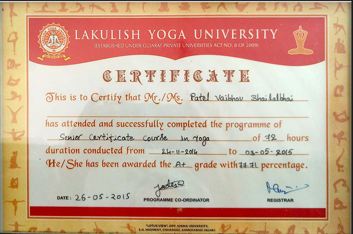 Senior certificate course in yoga certificate of Dr. Vaibhav Patel